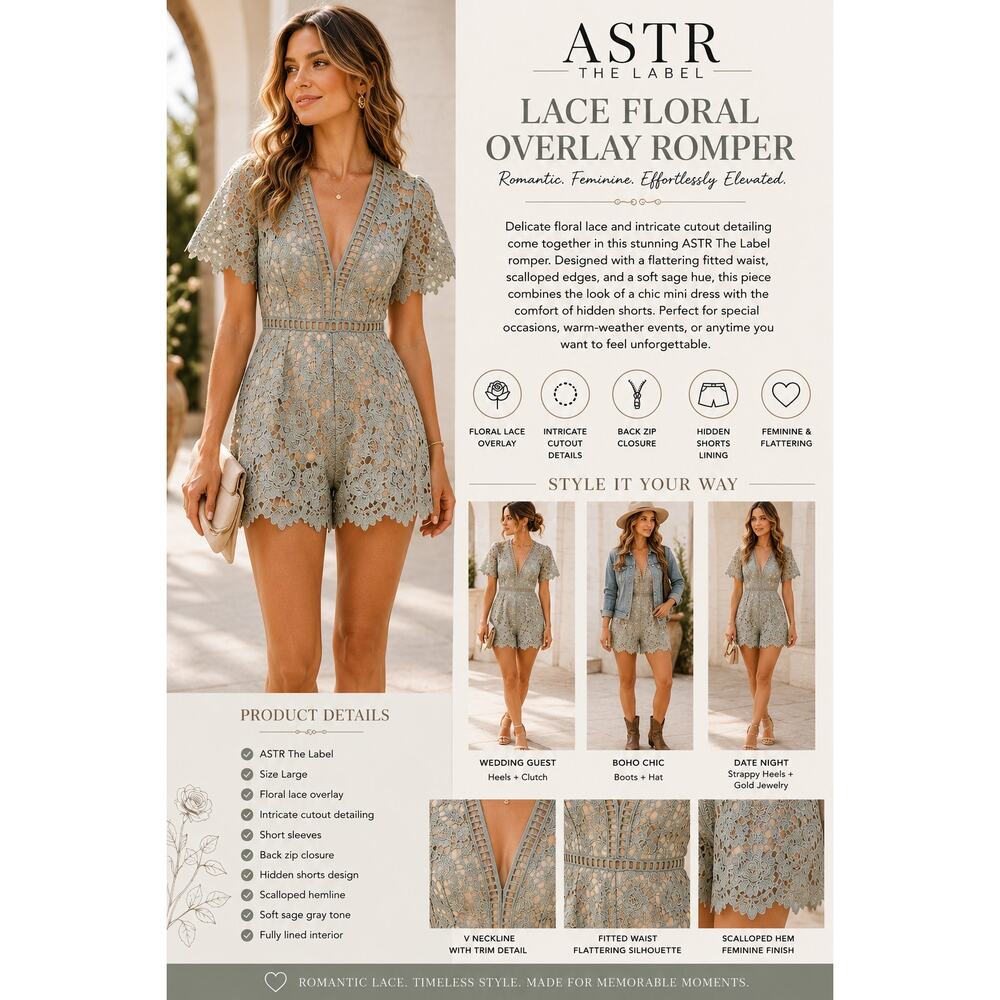 ASTR The Label Lace Romper Floral Cutout Overlay Short Sleeve Sage SZ L